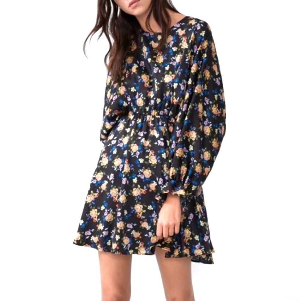 Zara Black Floral Satin Printed Summer Dress Large
